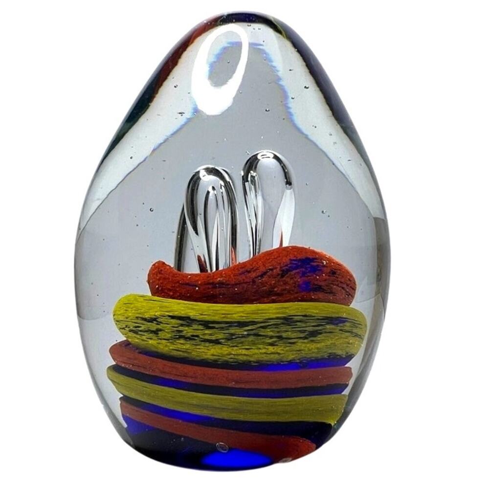 Italian Murano Hand Blown Glass Paperweight Egg Swirl Multicolor Clear Bubbles